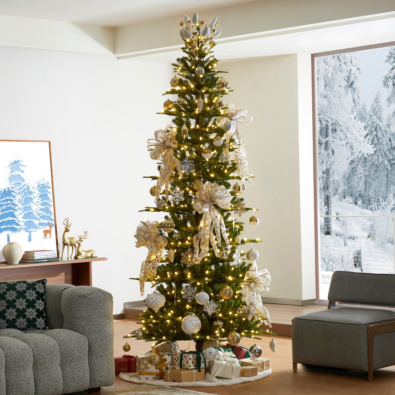 7FT/9FT Pre-Lit Green Slim Fir Artificial Christmas Tree with 350/500 strawberry Lights,9 Functional Warm White/Multi-color, remote controller